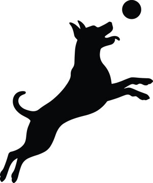 Black silhouette of playful dog leaping mid-air to catch ball, energetic pet action, agility training, motion study, animal sports illustration, isolated dynamic design concept artwork