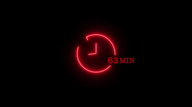Abstract glowing neon 63 minute clock icon modern design animation 4k video.