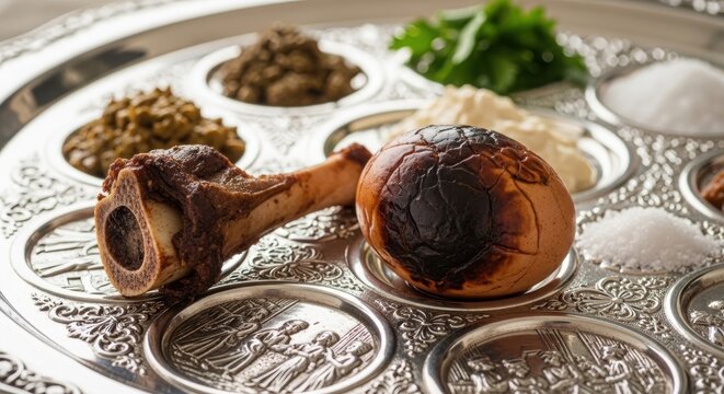Passover seder plate with symbolic foods, featuring roasted egg and lamb shank bone. Traditional Jewish holiday ritual items for celebration.