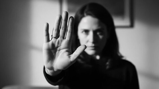 Woman's hand in stop gesture, black and white, serious expression, concept of boundaries and refusal