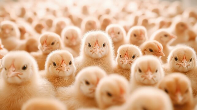 A fascinating scene filled with adorable fluffy baby chicks standing closely together, their tiny faces showcasing curiosity and innocence in a heartwarming, soft atmosphere.