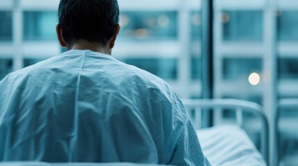 A man sits on a hospital bed, wearing a gown, staring contemplatively out a window, emphasizing themes of isolation, vulnerability, and the human condition in a medical setting.
