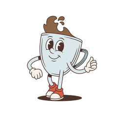 Obraz premium Smiling coffee cup mascot gives a thumbs-up gesture. Funny comic personage in groovy retro style. Isolated cartoon character vector illustration for a cafe advertisement or a cheerful sticker design