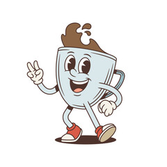 Obraz premium Coffee cup mascot shows a victory or peace hand gesture. Groovy retro comic personage. Isolated cartoon character vector illustration for a success concept. A friendly greeting