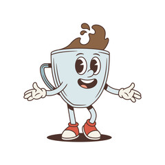 Welcoming coffee cup mascot with an inviting gesture. Groovy retro comic personage. Isolated cartoon character vector illustration for a presentation or a welcome concept. A friendly greeting