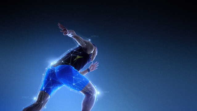 Futuristic artwork male sprinter accelerating with digital network overlay. Concept of sports analytics, biometric tracking, performance optimization and advanced endurance training technology.