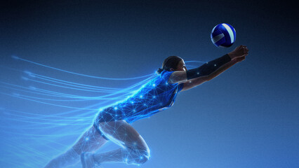 Dynamic artwork female volleyball player diving to receive ball with blue light trails. Concept of teamwork strategy, fast reaction, defensive skills and competitive indoor sports branding visuals.