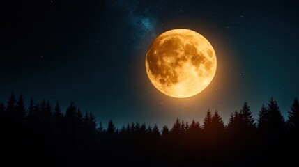 Fototapeta premium A luminous full moon rises majestically over a dark forest, creating a breathtaking scene filled with enchantment and tranquility against a starry night sky, invoking awe.