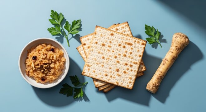 Passover seder food items including matzah, charoset and horseradish on a blue background. Traditional Jewish holiday meal setting.