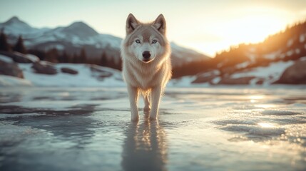 A majestic wolf stands in a serene snowy landscape, showcasing its raw beauty and strength against the backdrop of a tranquil, frozen wilderness environment.