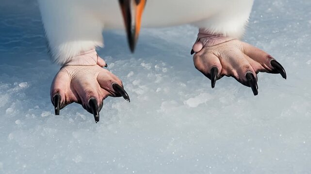 A penguin stands on snow, closeup on the feet and sharp nails