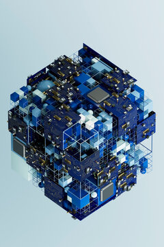 3D Modular Circuit Cube built from blue boards and grid blocks