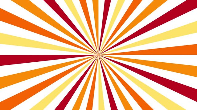 Warm sunburst background with bold radial rays in red, orange, and yellow. Seamless loop animation ideal for energetic and retro style visuals.
