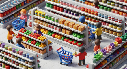Fototapeta premium Miniature figures shopping in a colorful supermarket aisle