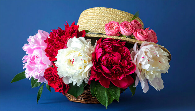 Woven Hat Filled With Pink White Red Peonies And Roses On Blue Background photo (251