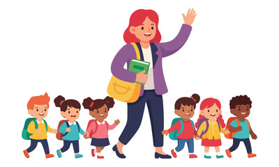Fototapeta premium Teacher with diverse kids walking to school, holding hands and waving