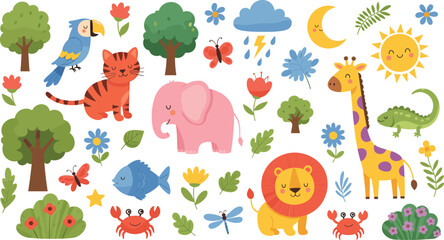 Obraz premium Cute Jungle and Forest Animals Cartoon Vector Illustration Set with Lion Elephant Giraffe and Tiger