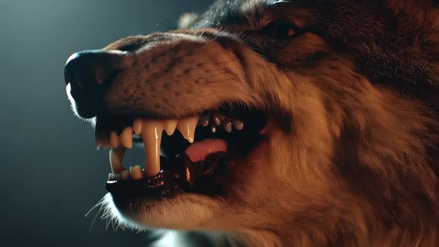 Wolf in fog bares fangs and growls in a dark forest during nighttime revealing its fierce nature