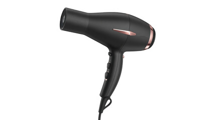 Black Hair Dryer in Modern Design with Red Accent in Studio Lighting on White Background for Beauty Products