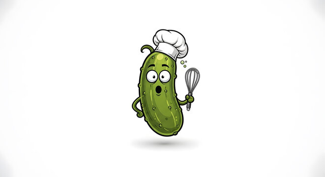 Surprised cartoon pickle character wearing a chef's hat and holding a whisk, illustration