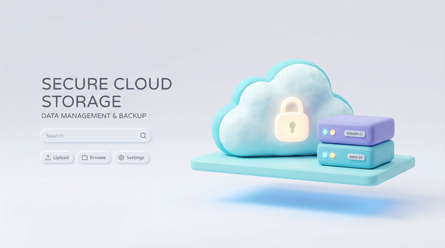 3D secure cloud storage concept with server racks padlock and search interface