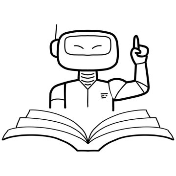 Ai agent robot book education learning knowledge icon line art showing helpful assistant raising finger above open textbook for digital tutoring concept on transparency background