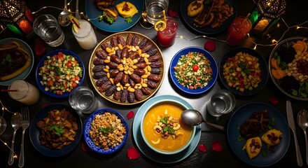 Variety of international dishes on a table with vibrant food and drinks ready for a festive meal