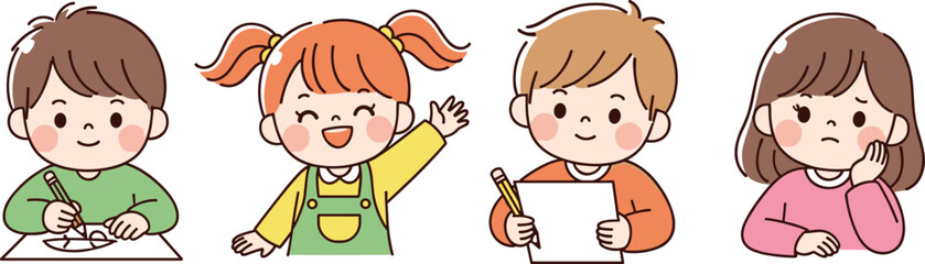 Obraz premium Set of cute cartoon children characters studying and writing in classroom