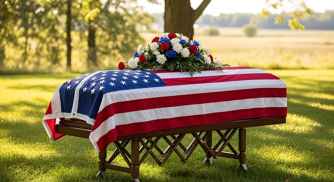 American flag draped on a casket with floral arrangement outdoors in a serene natural setting for memorial or funeral service