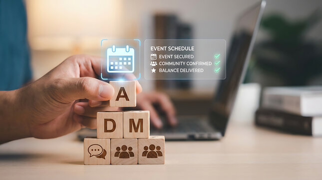 Hand stacking wooden blocks with letters adm icons and calendar on a desk with laptop representing project management and organization