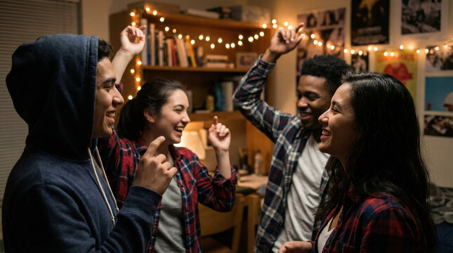 Group of friends dancing in dorm room with joyful expressions  