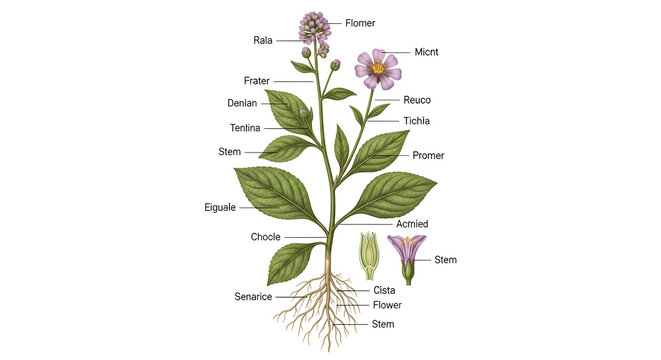 Botanical illustration of a flowering plant with labeled parts: stem, leaves, flower, root system