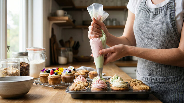 Woman baking vegan cupcakes in cozy kitchen and decorating with icing  