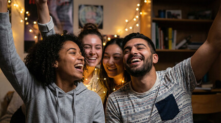 Fototapeta premium Group of friends dancing in dorm room with fairy lights while smiling 