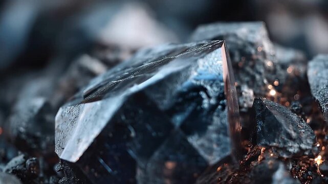 High resolution video of a shiny raw black crystal with details in a natural setting