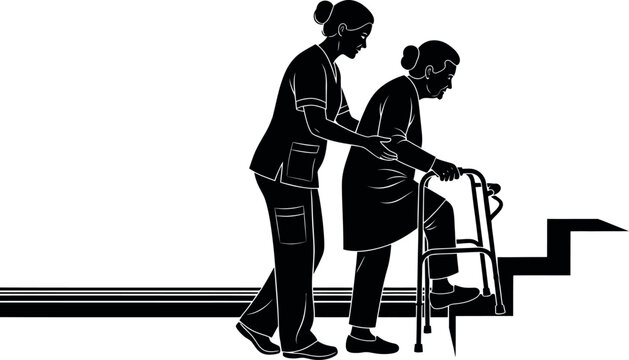 CNA or Nurse Assisting Elderly Woman with Walker on Stairs - Geriatric Care Silhouette