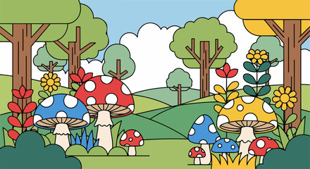 Obraz premium Vibrant Mushrooms Growing in a Serene Forest Landscape with Trees and Flowers