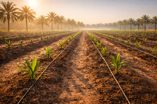 Young Palm Saplings Growing In Straight Agricultural Rows Across Prepared Tropical Farmland Under Soft Morning Light