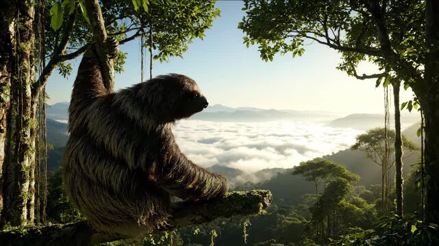 Sloth resting on a tree branch overlooking lush green forest and cloudscape, animals. nature