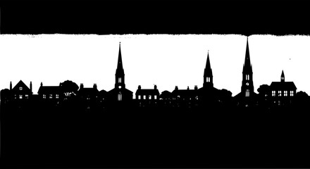 City skyline silhouette with church steeples and buildings in black outline featuring cityscape, steeple, architecture with urban and landscape