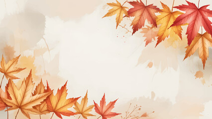 Autumn watercolor maple leaves background with copy space, Fall foliage frame for thanksgiving and seasonal greeting card, Vibrant orange and red maple leaf border on textured background, Hand painted © Dream Graphics