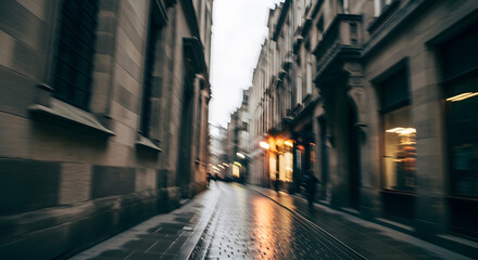 A moody, atmospheric street scene with wet cobblestones reflecting light from glowing shop windows, evoking a sense of urban exploration on a damp evening