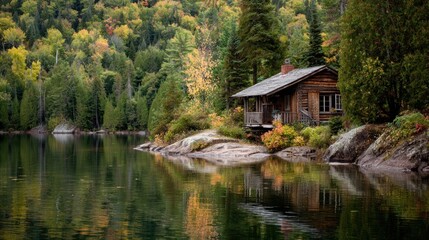 Obraz premium Cabin on serene lake surrounded by lush trees reflecting peaceful landscape