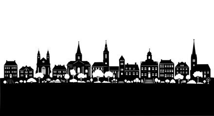 Fototapeta premium City skyline silhouette with buildings and spires against a white background featuring architecture, urban, landscape with vector and illustration