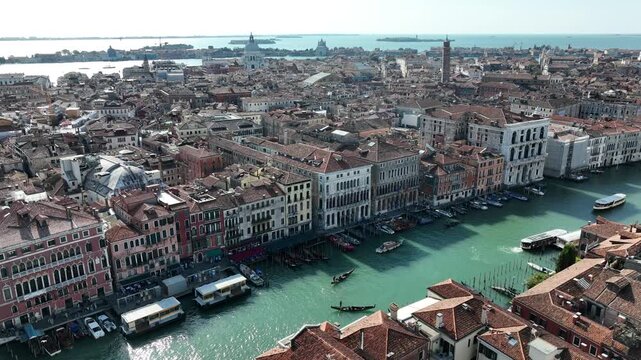 Aerial view of St. Mark's Square, Campanile, and Doge's Palace in Venice, Italy