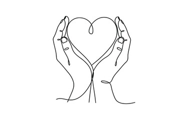 Hands holding heart continuous one line art drawing.