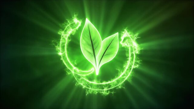 Glowing green leaves in a circular energy field symbolizing environmental conservation and sustainable power.