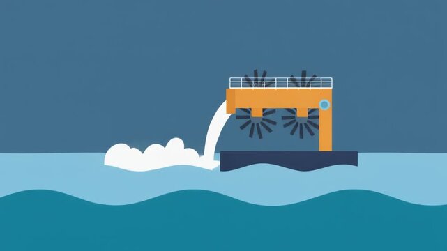 Floating tidal power station with rotating turbines generating renewable energy from ocean currents.