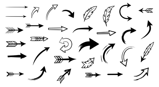 Arrows hand drawn set with black curved lines and feathered tips featuring direction, navigation, pointer with symbol