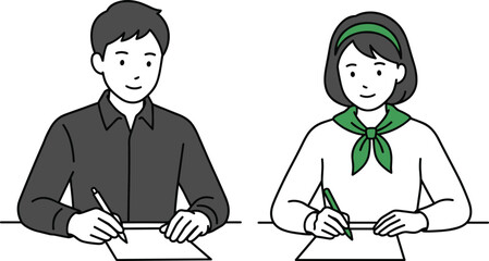 Young Man and Woman Writing on Paper at Desk, Student Exam or Office Work Illustration Isolated on White Background